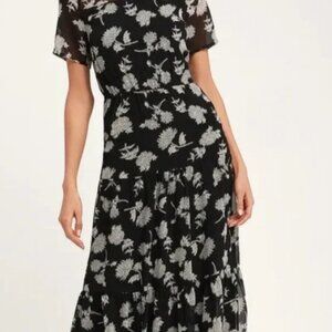 Lulus Floral Dressed Up Black and Cream Floral Print Midi dress size small